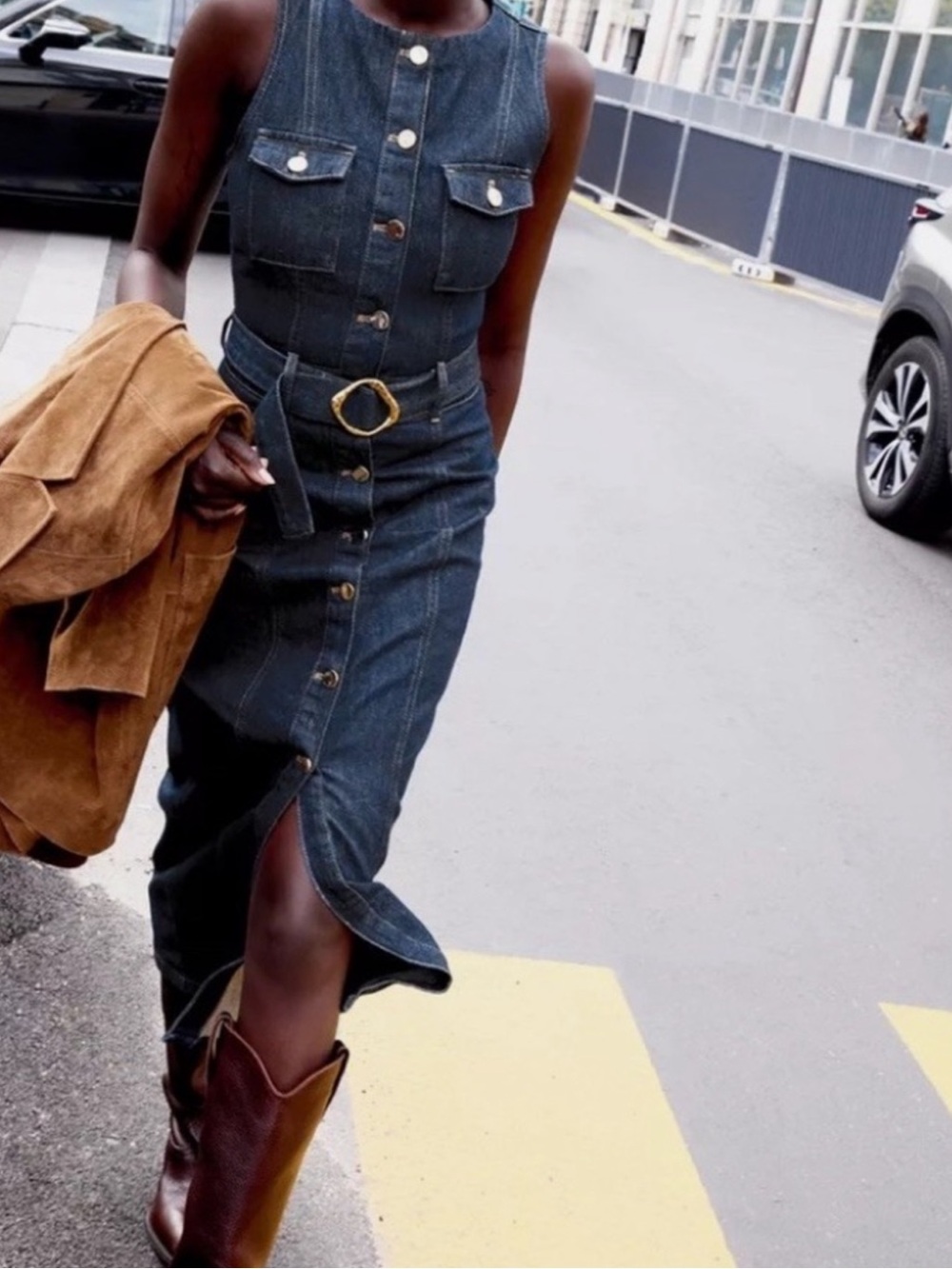 NWT Zara Z1975 Belted Dark Denim Midi Dress w Gold Button Western Utility Sz M - Picture 2 of 10